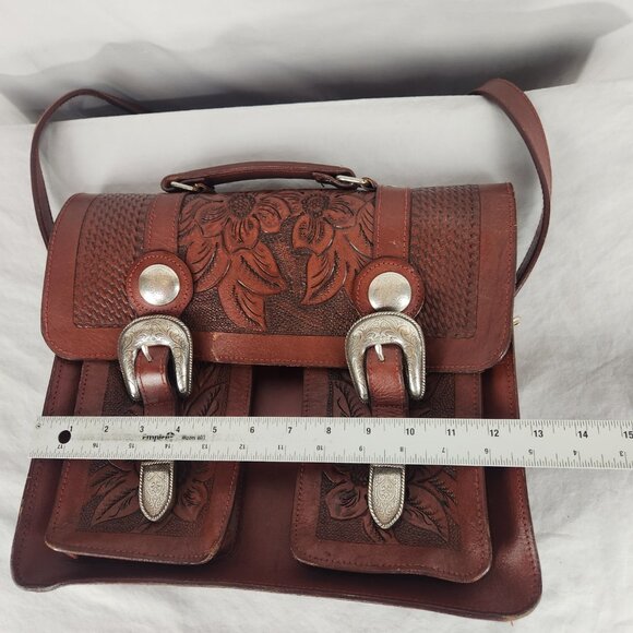Nacona Leather Shoulder Satchel Briefcase Messenger Bag Western Tooled Buckles - Picture 9 of 11